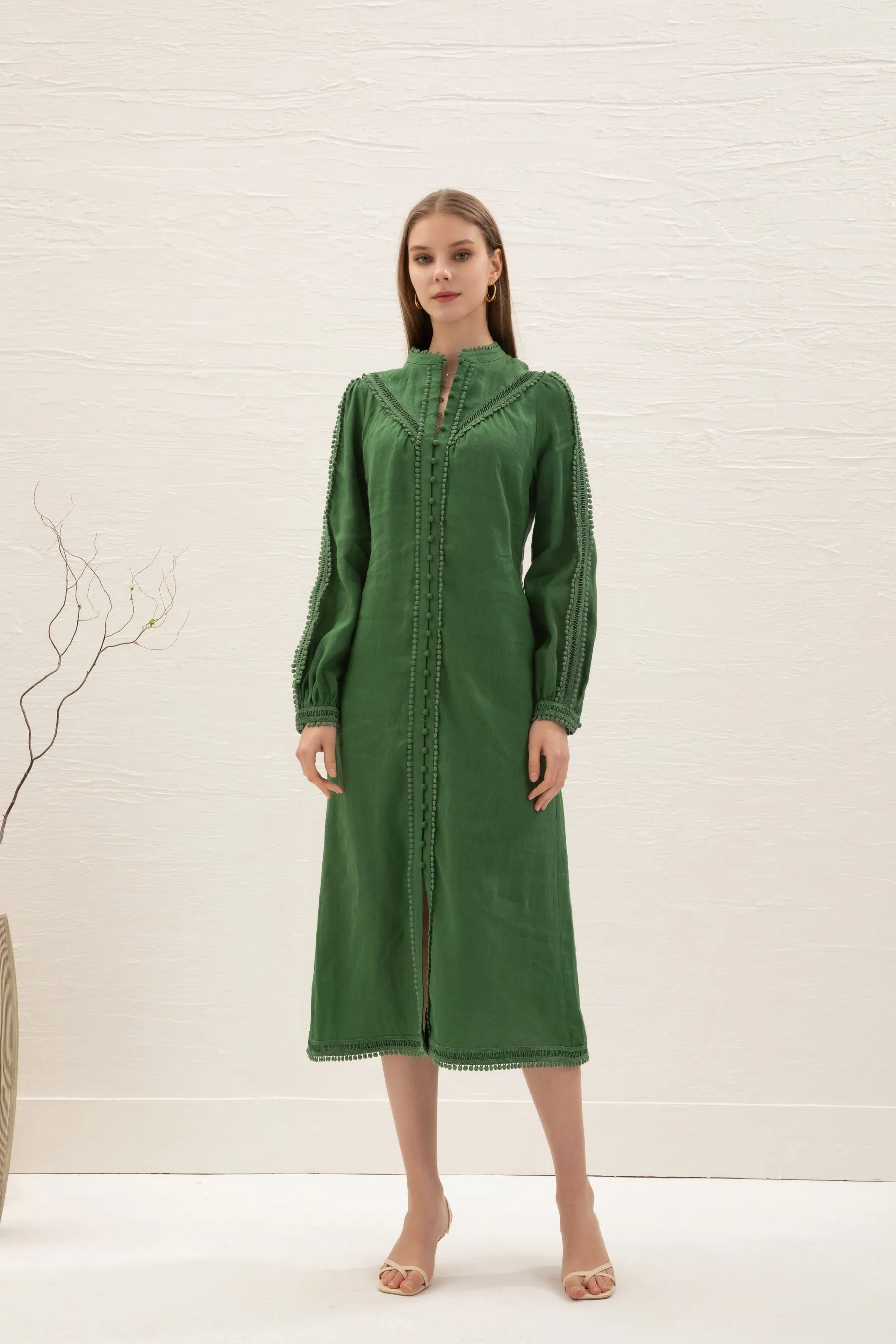 Kiara Linen Embroidered Dress - Green - GDS