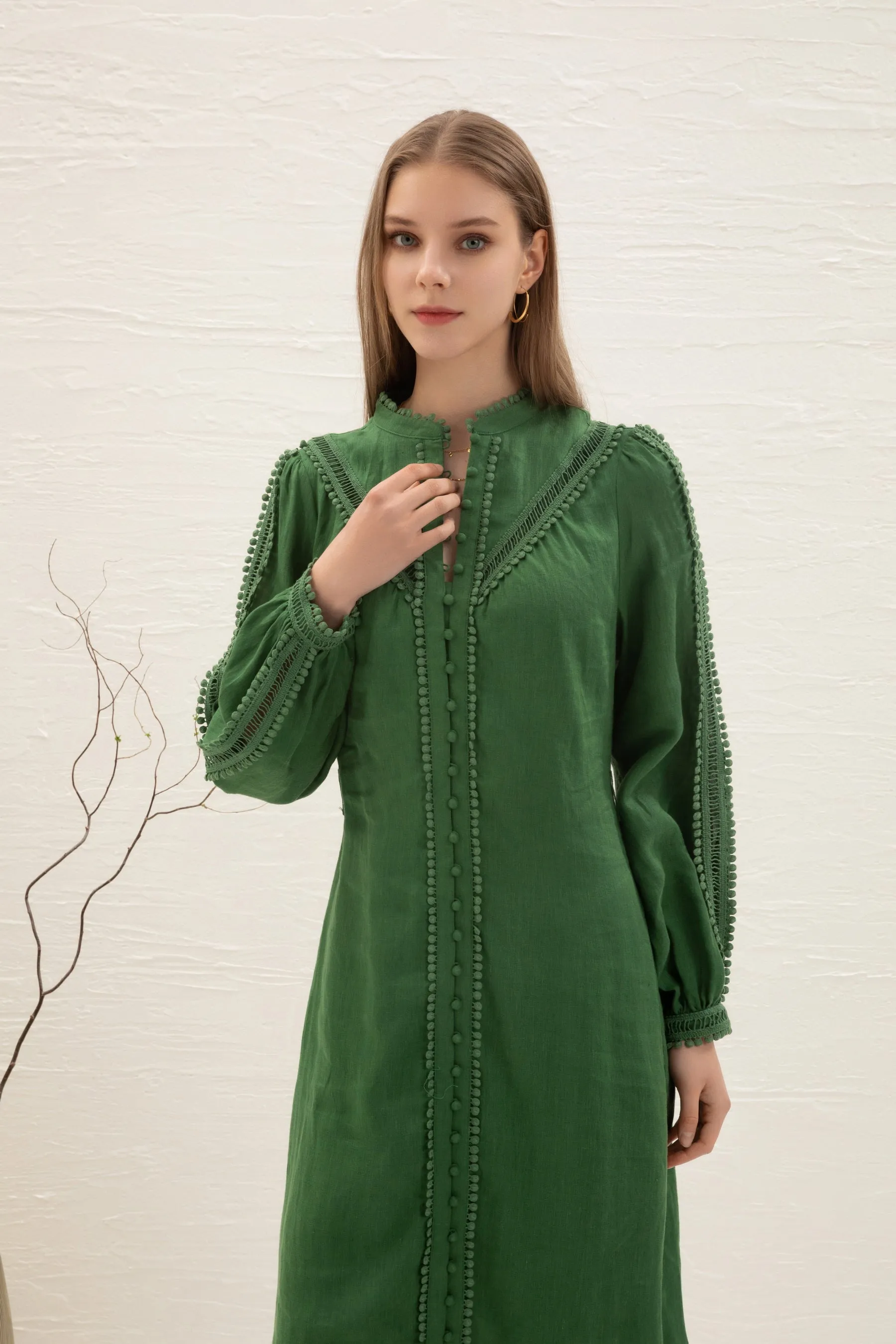 Kiara Linen Embroidered Dress - Green - GDS