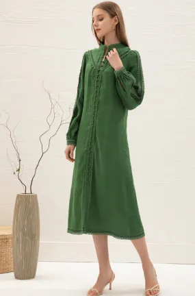 Kiara Linen Embroidered Dress - Green - GDS