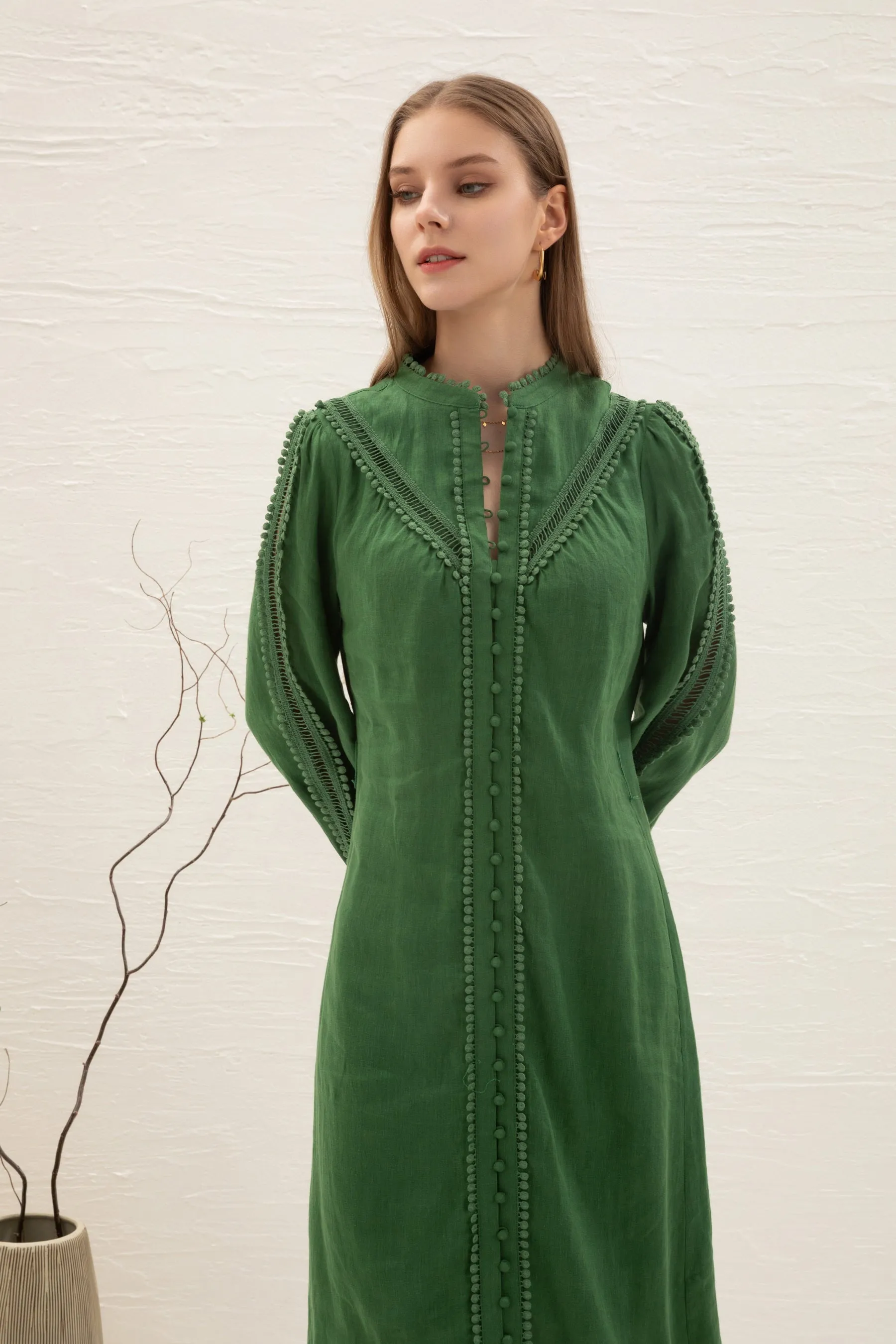 Kiara Linen Embroidered Dress - Green - GDS