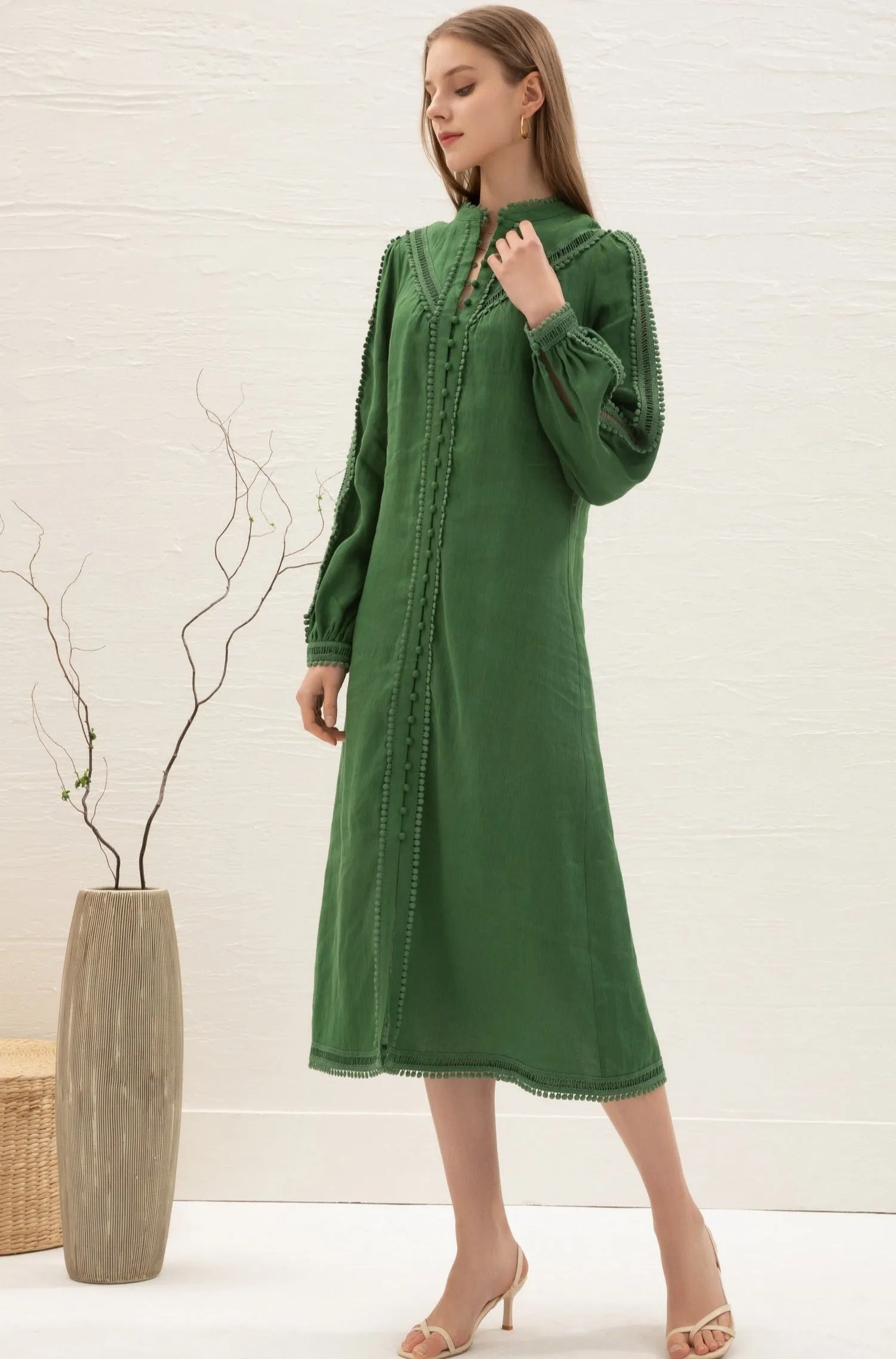 Kiara Linen Embroidered Dress - Green - GDS