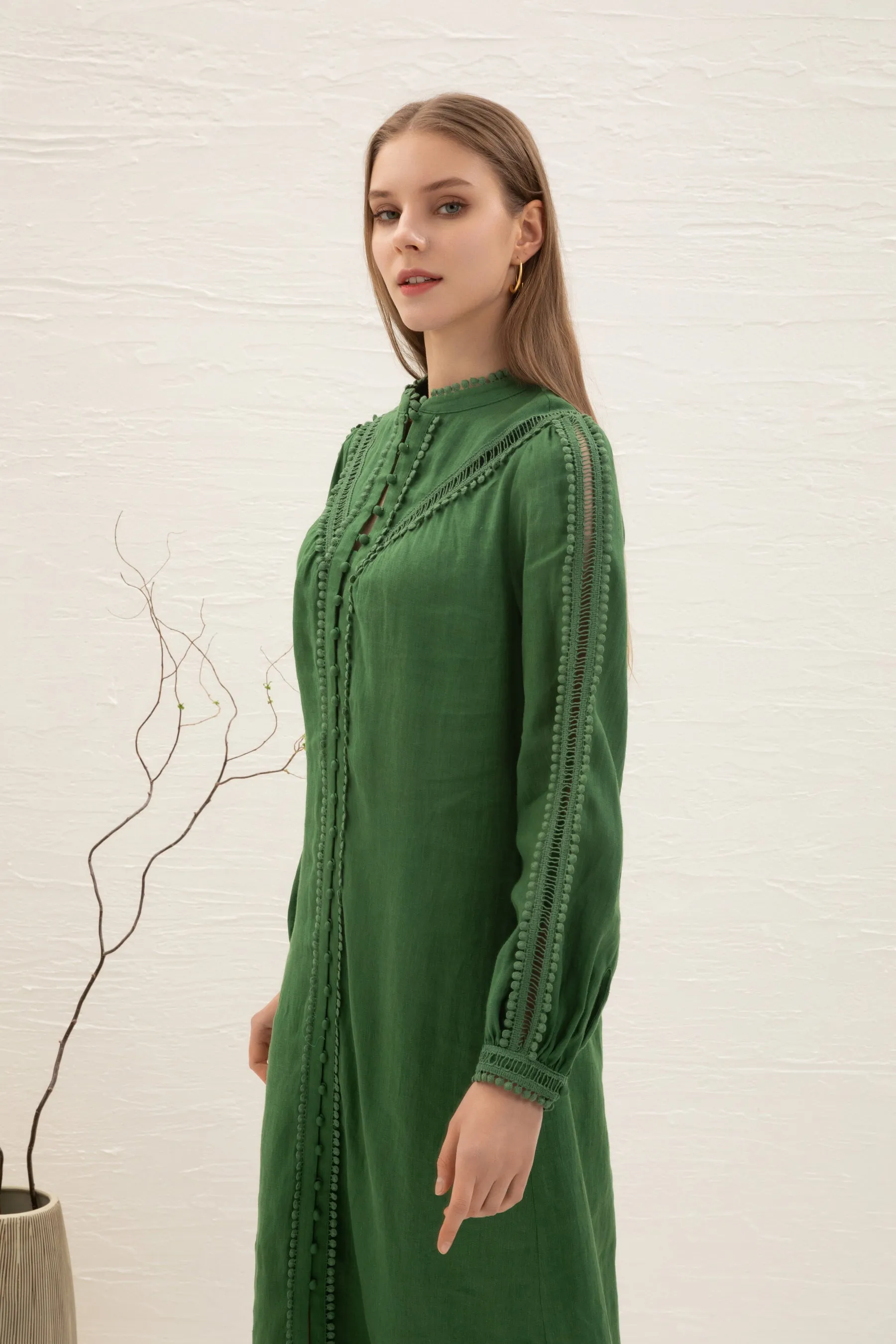 Kiara Linen Embroidered Dress - Green - GDS