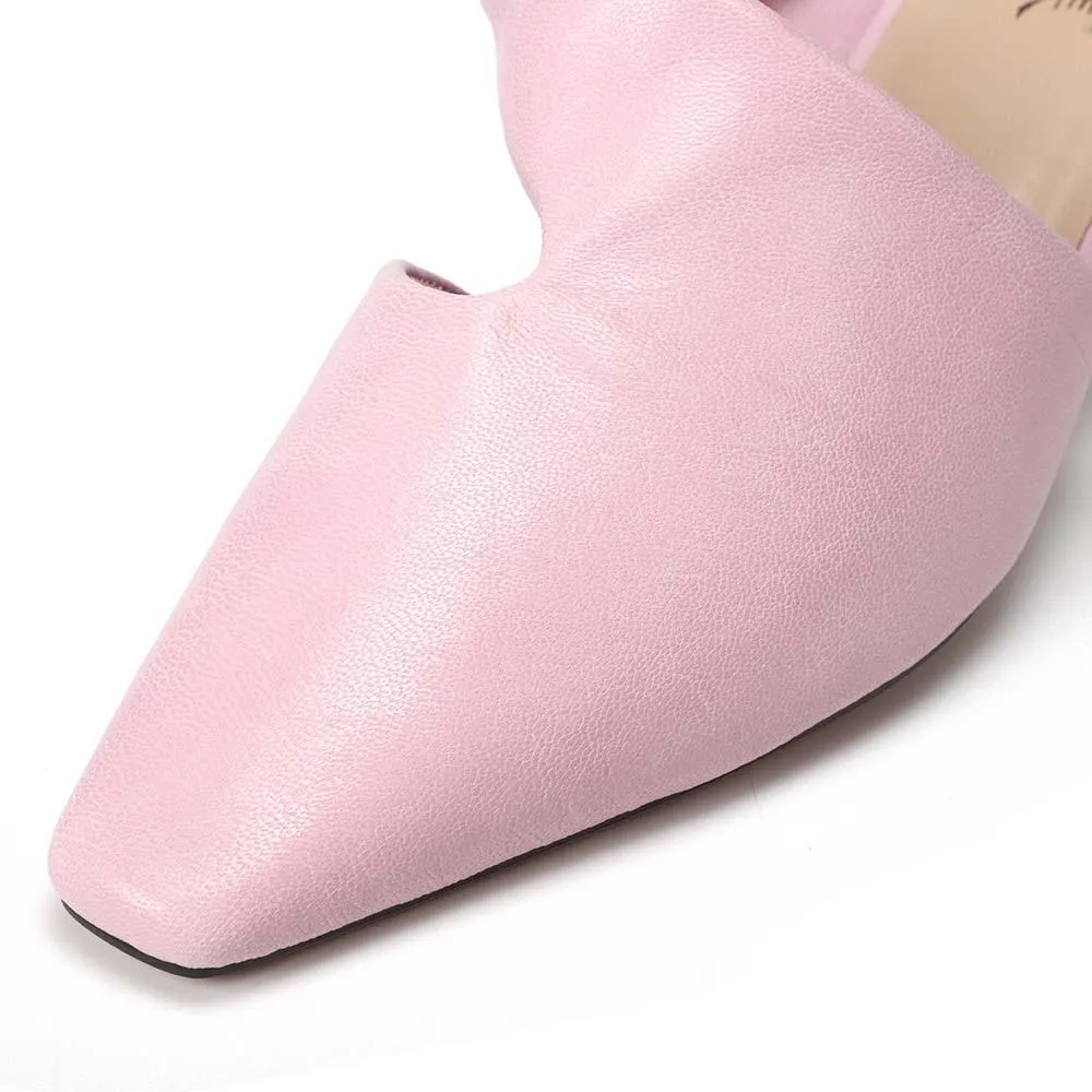 Leather Mid Heel Mules Summer Slippers Handmade Elegant Pumps Pink/Black/White/Yellow