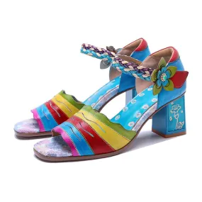 Leather Printing Open Toe 65mm Block Heel Sandals in Blue