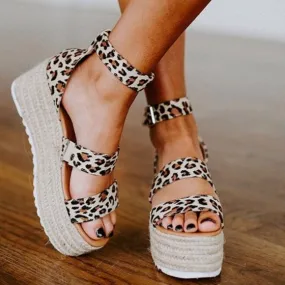 Leopard Animal Print Woven Faux Suede Strap Platform Espadrille Sandals Casual Womens