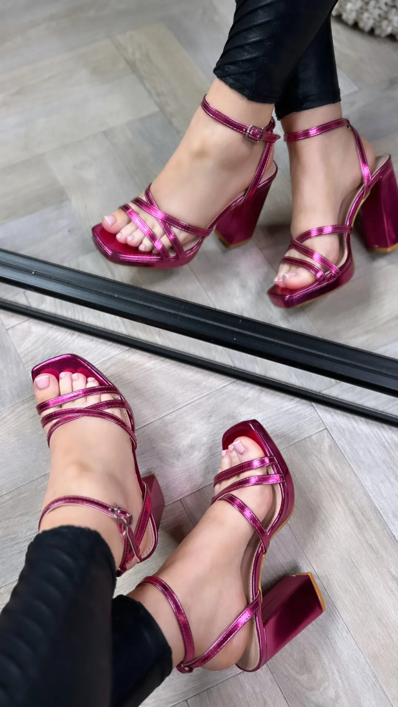 Lily Metallic Pink Strappy Block Heel Sandals