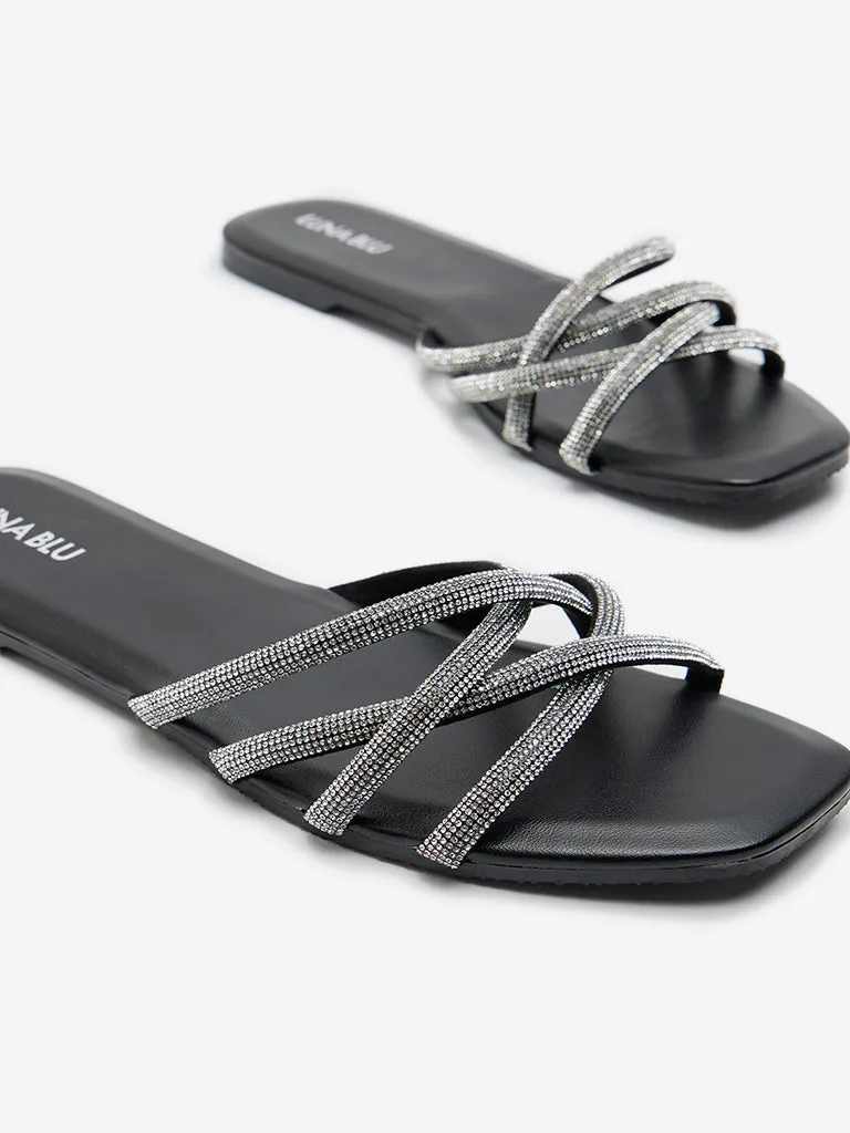 LUNA BLU Black Diamante Multi-Strap Sandals