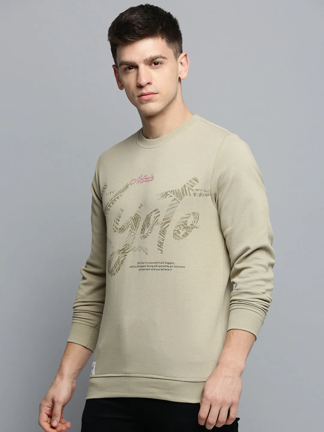 Men Beige Solid Casual Sweatshirt