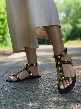 Monaco Gold Studded Sandals / Black