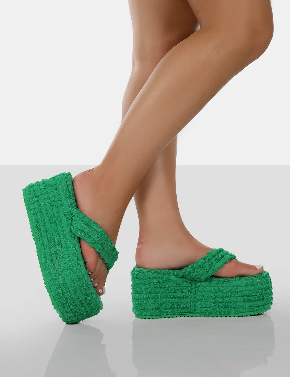 Nell Green Terry Towelling Platform Wedge Flip Flop Sandals