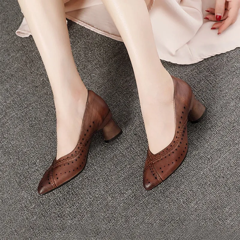 Original Design Pumps For Women Leather Chunky Heel Pointed Shoes in Coffee