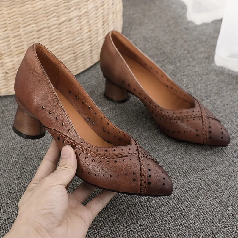 Original Design Pumps For Women Leather Chunky Heel Pointed Shoes in Coffee