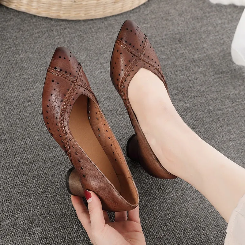 Original Design Pumps For Women Leather Chunky Heel Pointed Shoes in Coffee