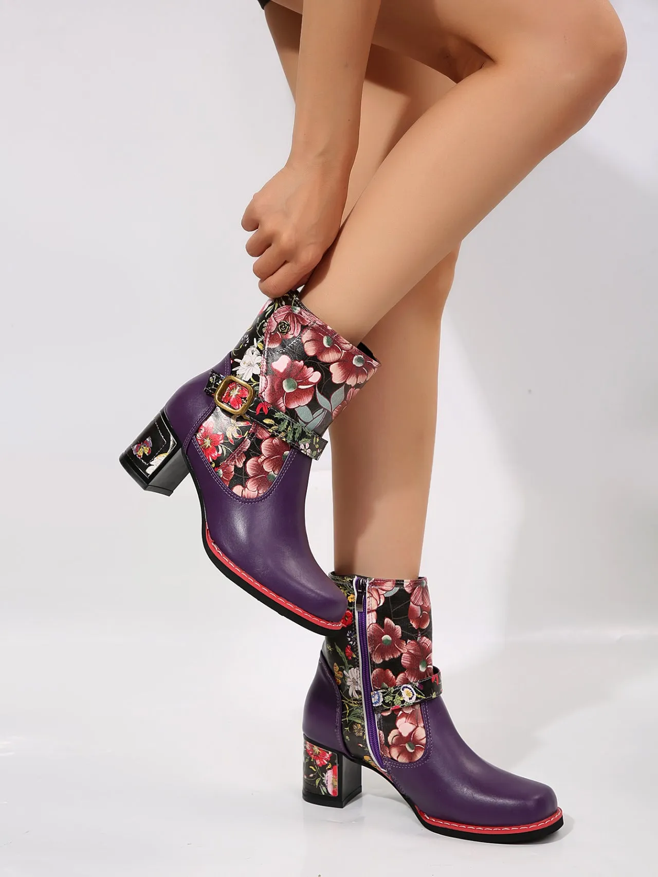 PU Leather Flower Block Heel Boots