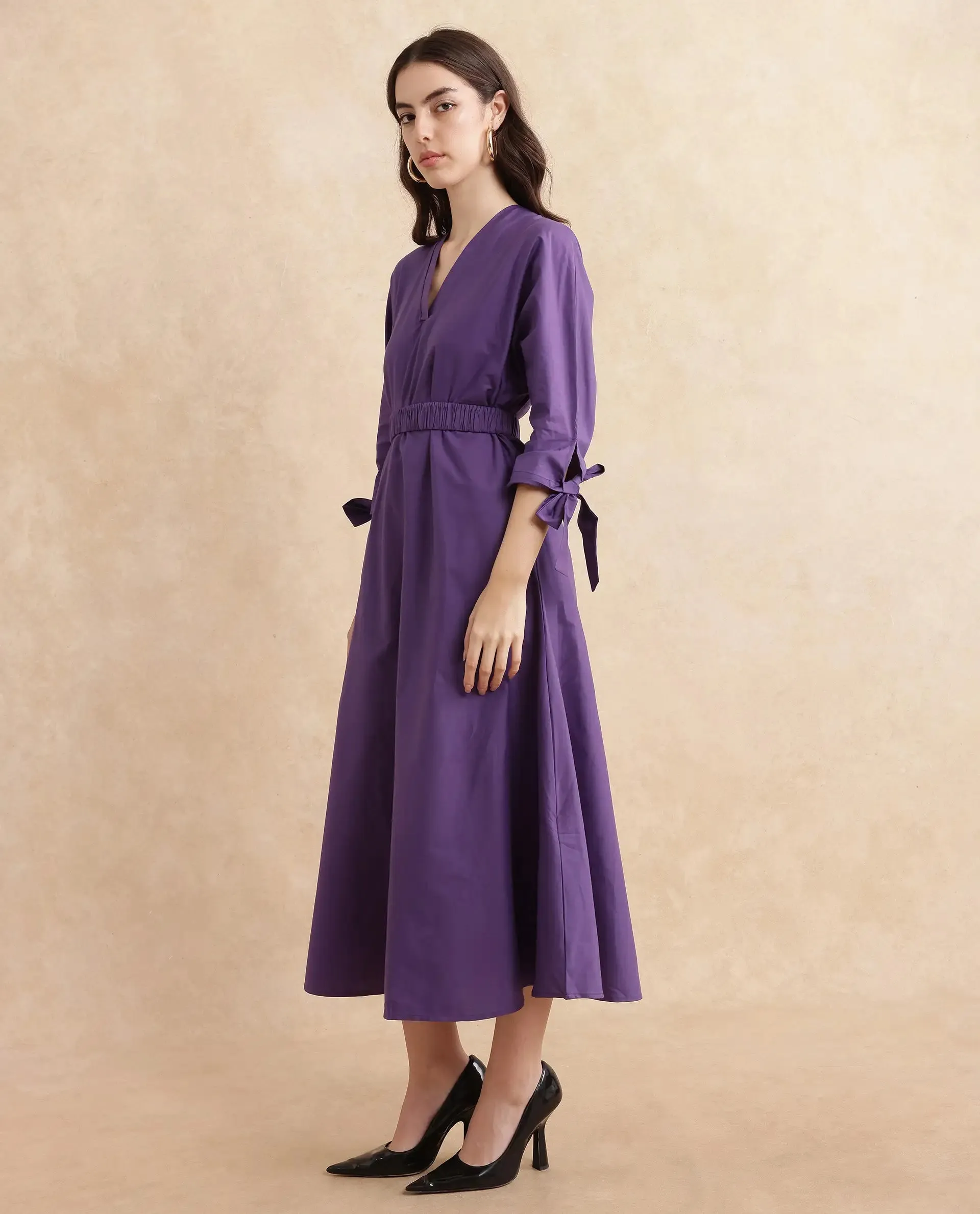 Rareism Women Buyn Purple Tie Up Sleeves V-Neck Flared Midi Plain Dress