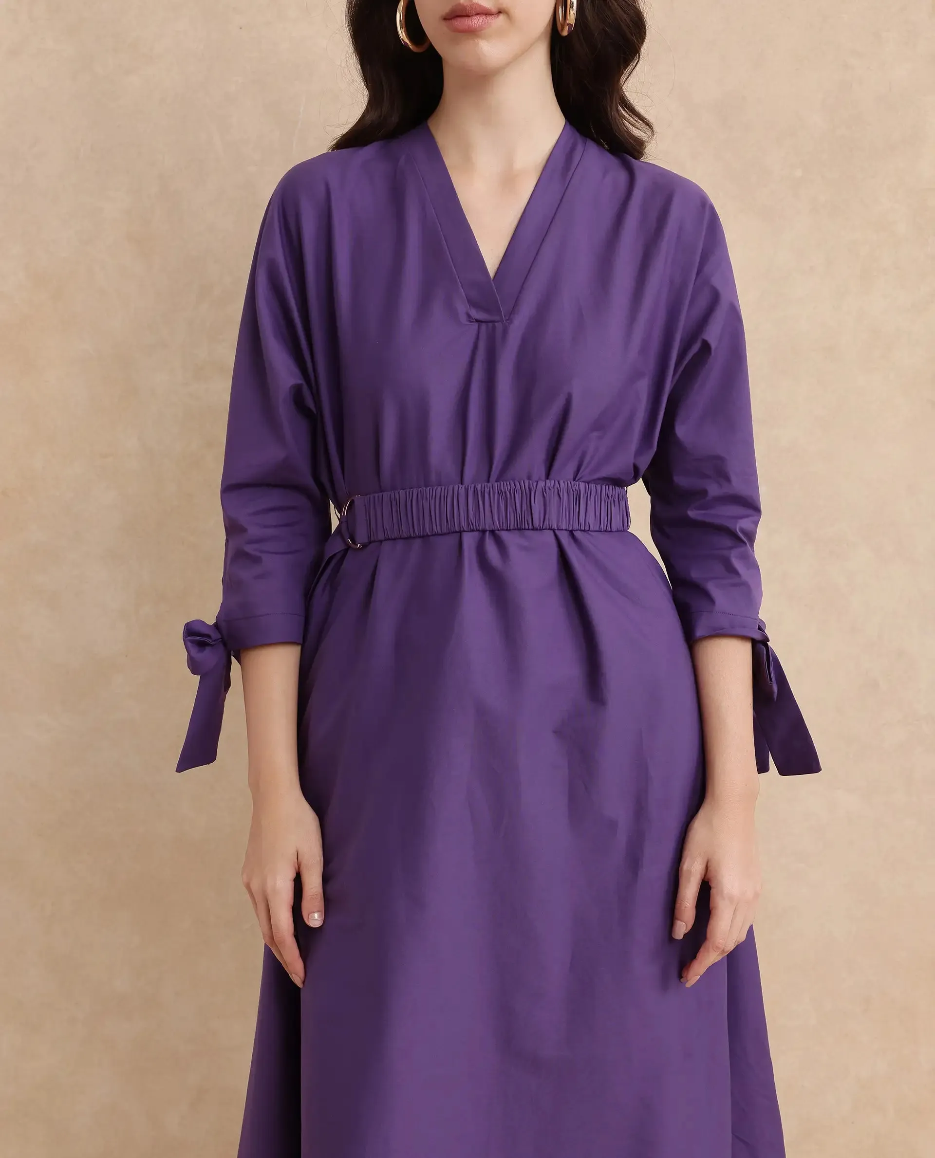 Rareism Women Buyn Purple Tie Up Sleeves V-Neck Flared Midi Plain Dress