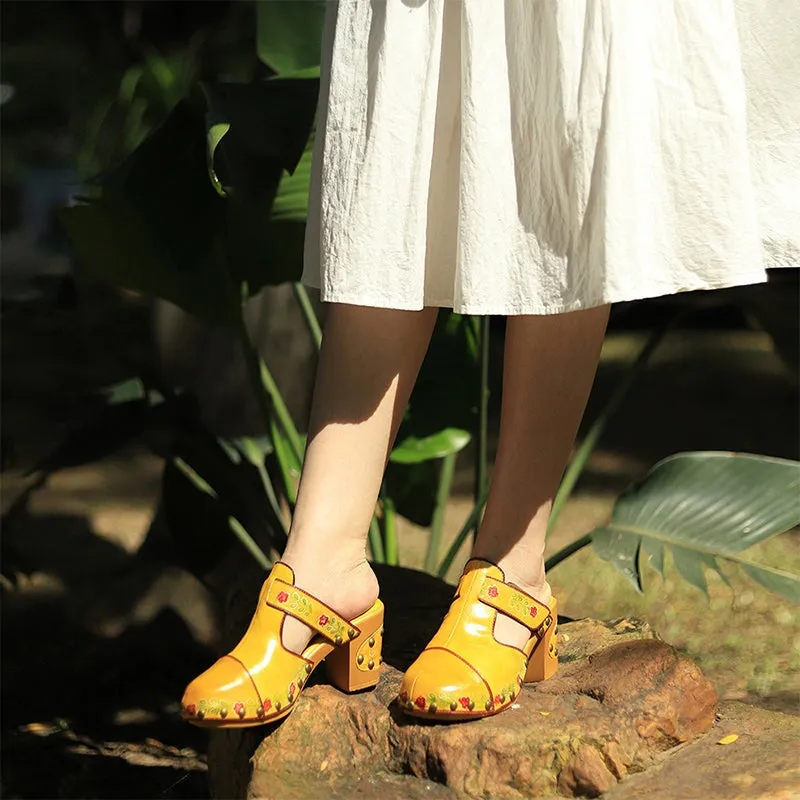 Retro Leather Printing Mules Summer Slippers with Rivets 50mm Block Heel in Yellow