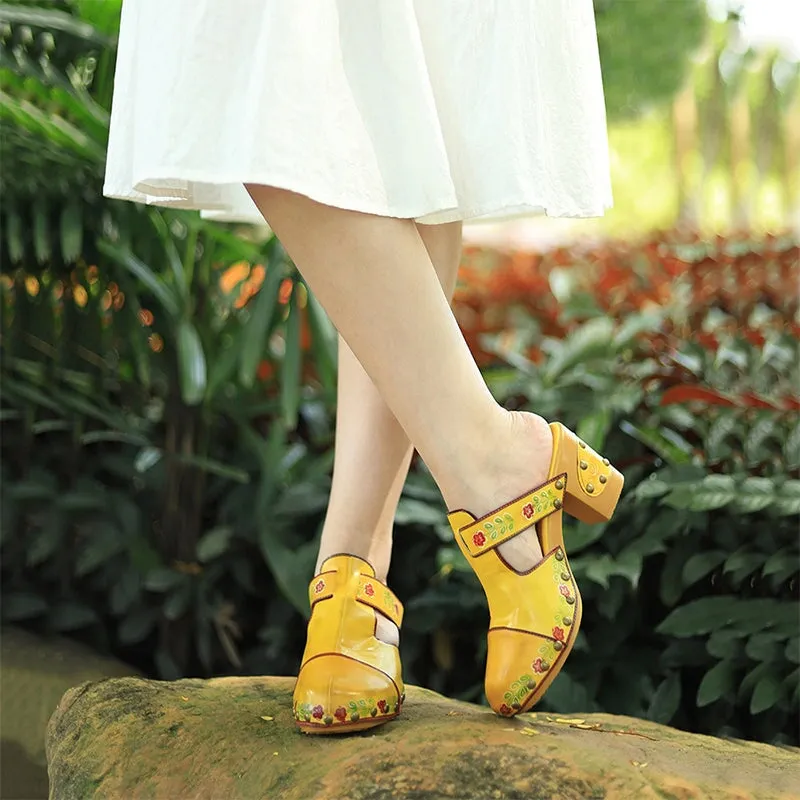 Retro Leather Printing Mules Summer Slippers with Rivets 50mm Block Heel in Yellow