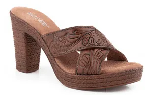 Roper Women's Cognac Tooled Leather Open Toe Sandal 0946-3211