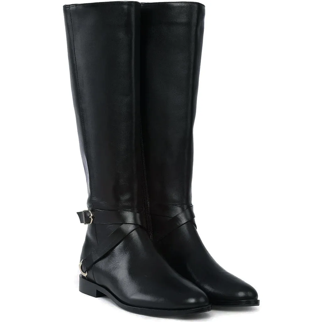 Saint Damaris Black Leather Buckle Decor Knee High Boots