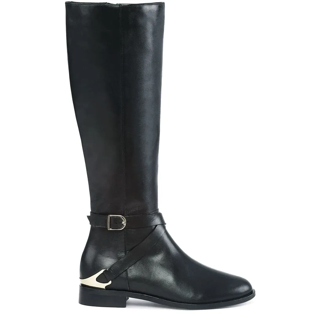 Saint Damaris Black Leather Buckle Decor Knee High Boots