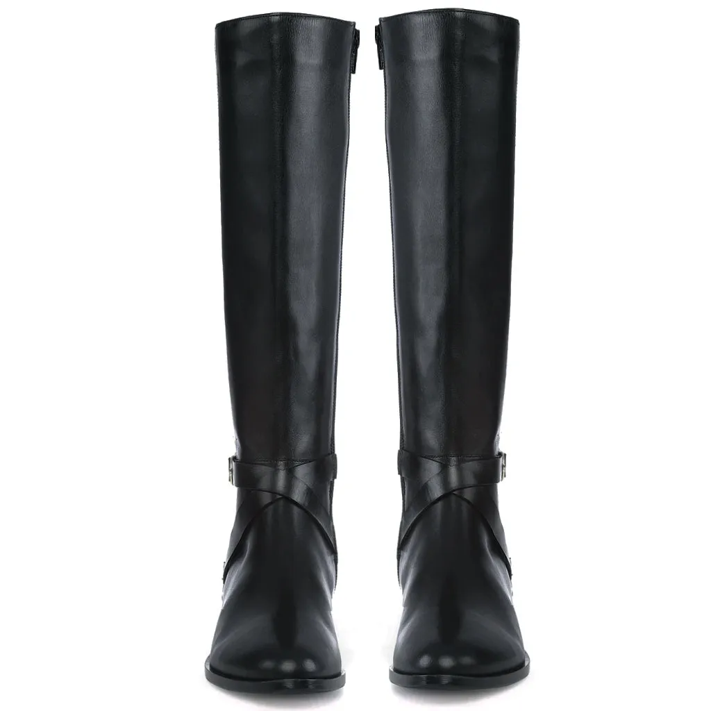 Saint Damaris Black Leather Buckle Decor Knee High Boots