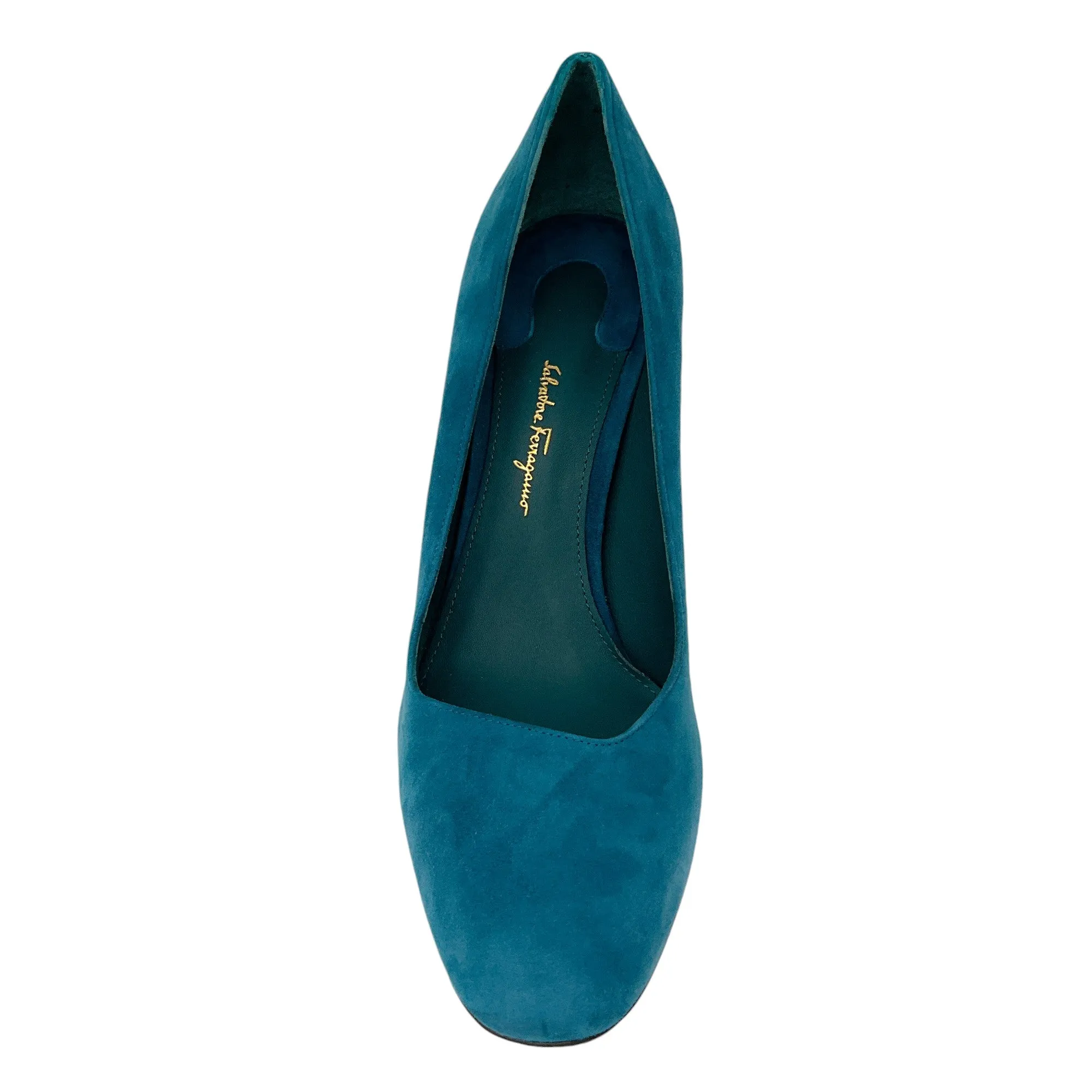 Salvatore Ferragamo Teal Round Toe Suede Pumps