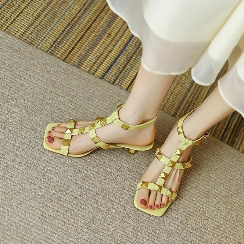 Sheepskin Rivet 55mm Kitty Heel Gladiator Sandals in Pink/Beige/Yellow