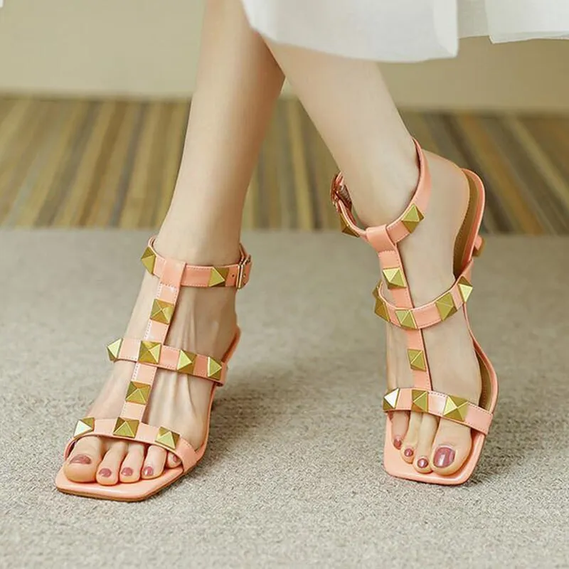 Sheepskin Rivet 55mm Kitty Heel Gladiator Sandals in Pink/Beige/Yellow