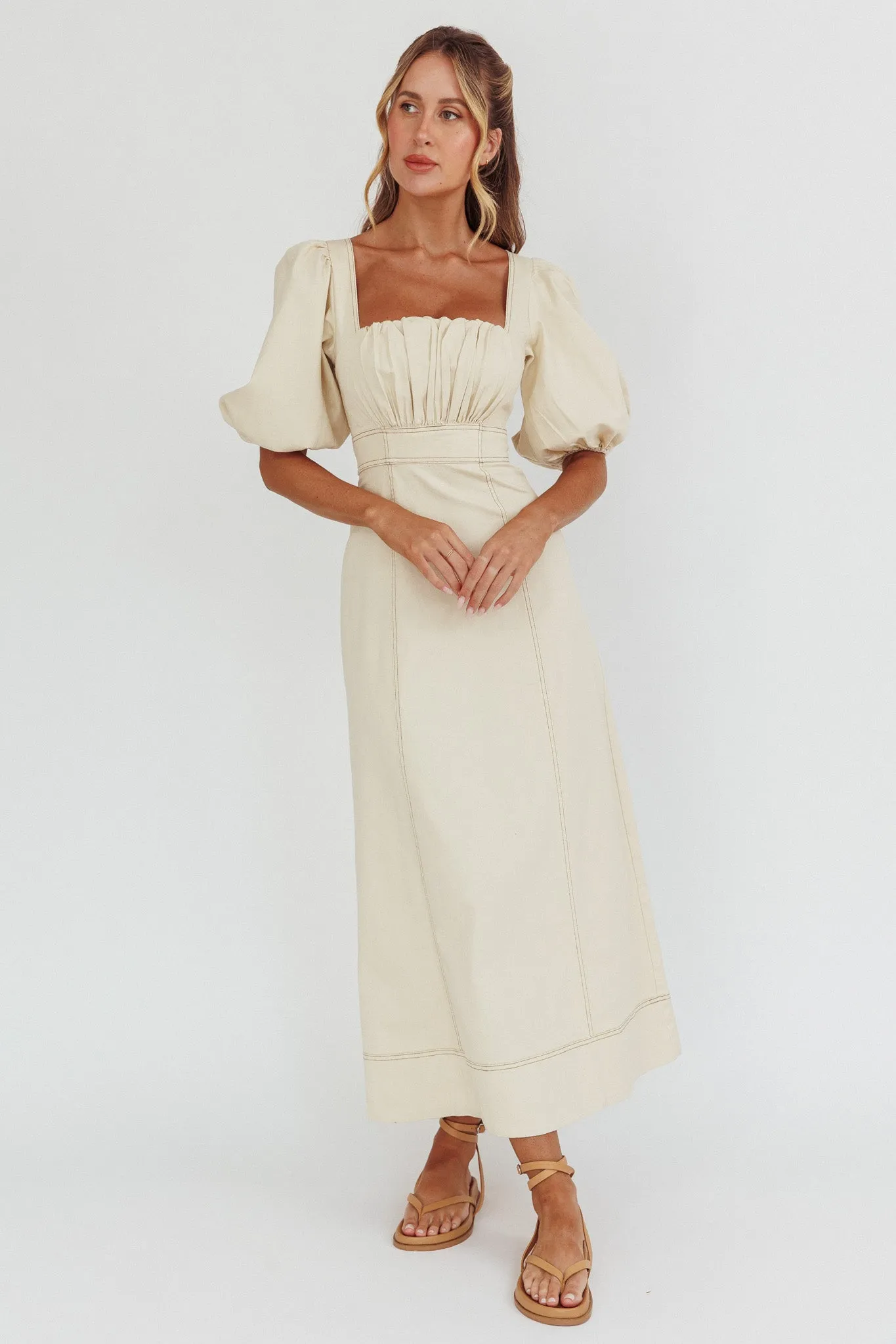 Sibille Puff Sleeve Contrast Stitch Dress Butter