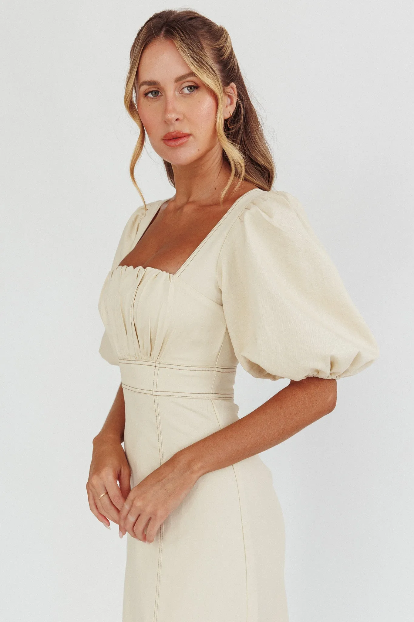 Sibille Puff Sleeve Contrast Stitch Dress Butter