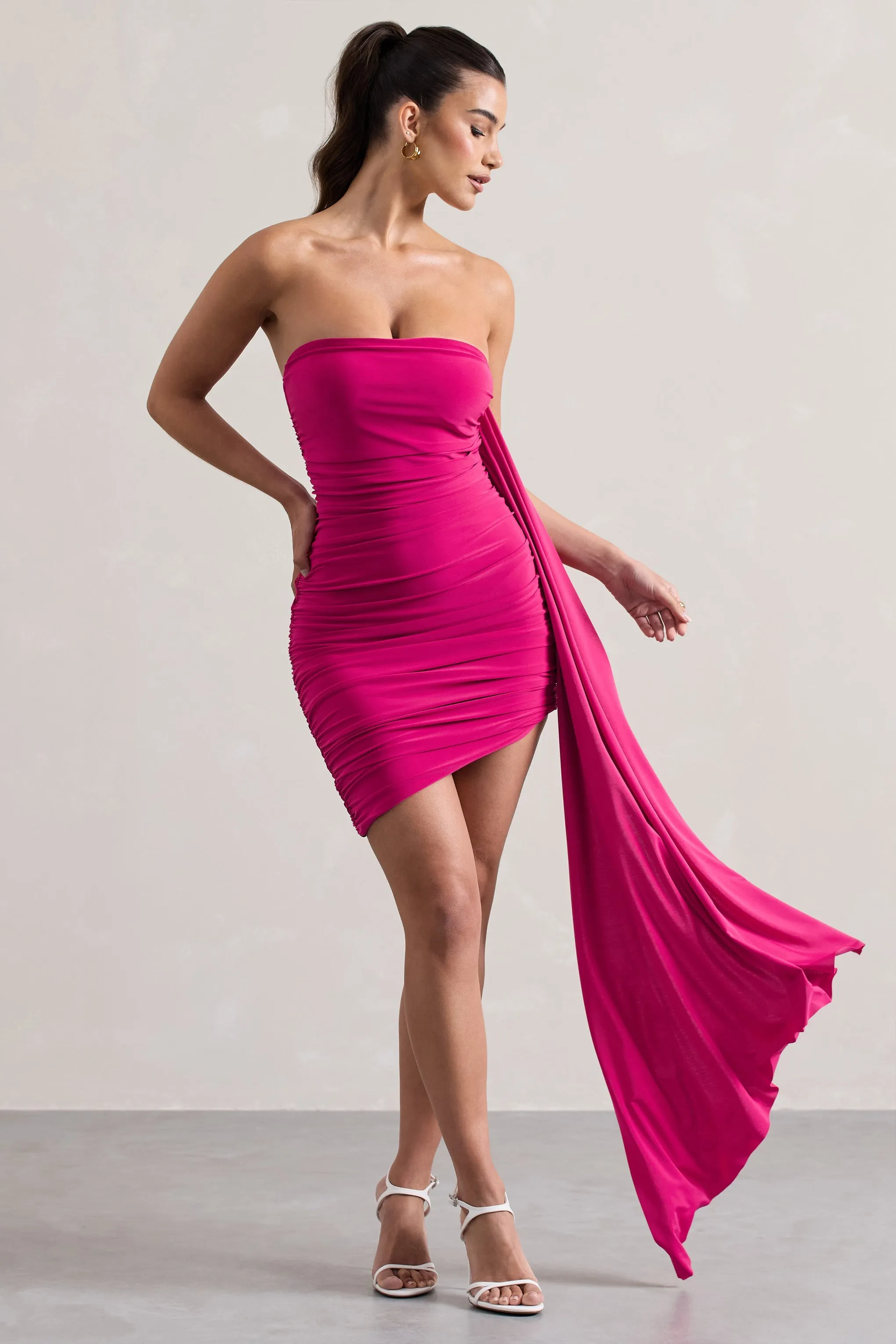 Siena | Hot Pink Ruched Asymmetric Mini Dress With Sash