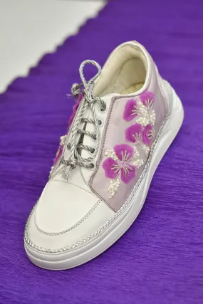 Silver Poly Silk & Rexine Embroidered Sneakers