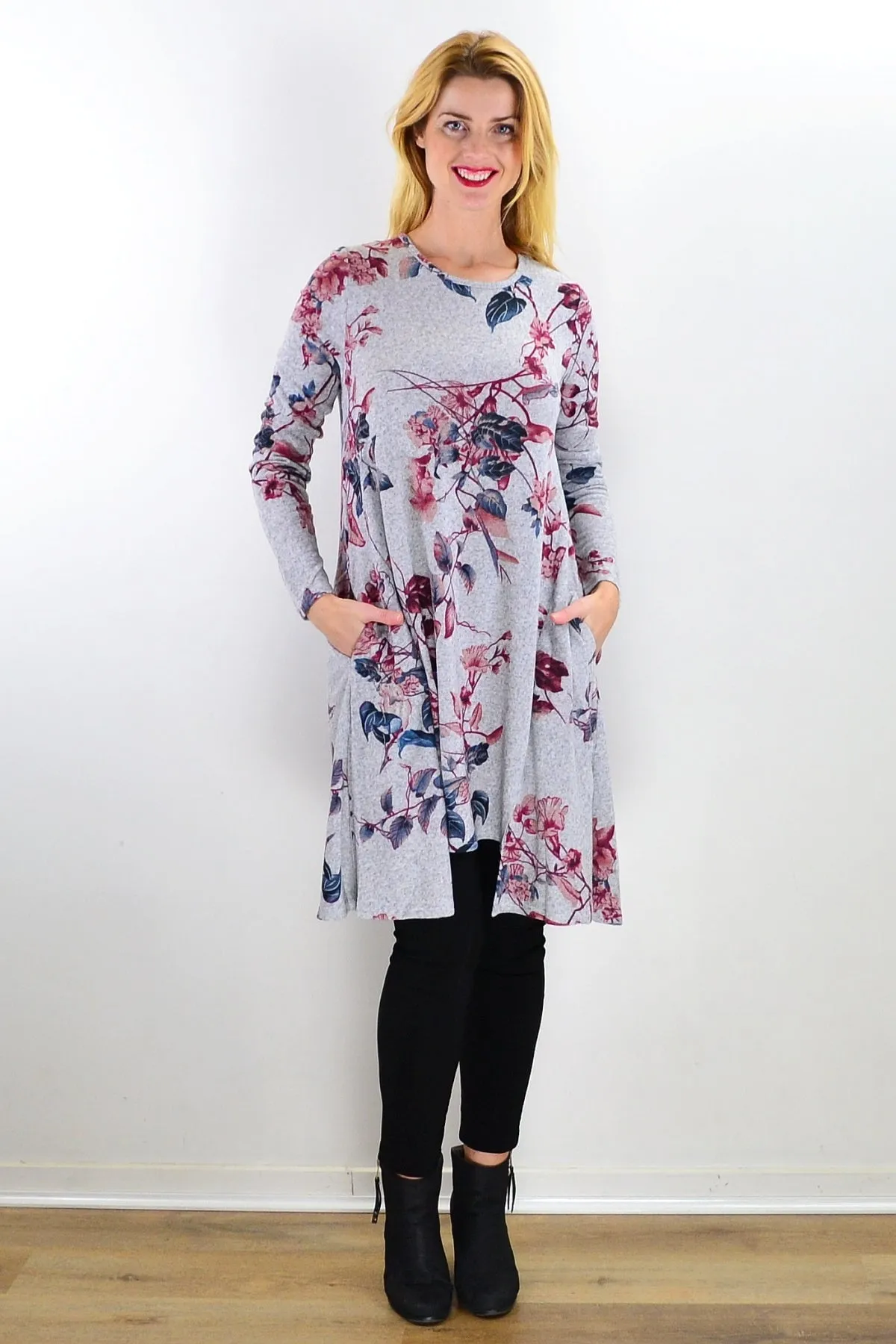 Soft Pinky Autumn Leaf Fleece Tunic Dress