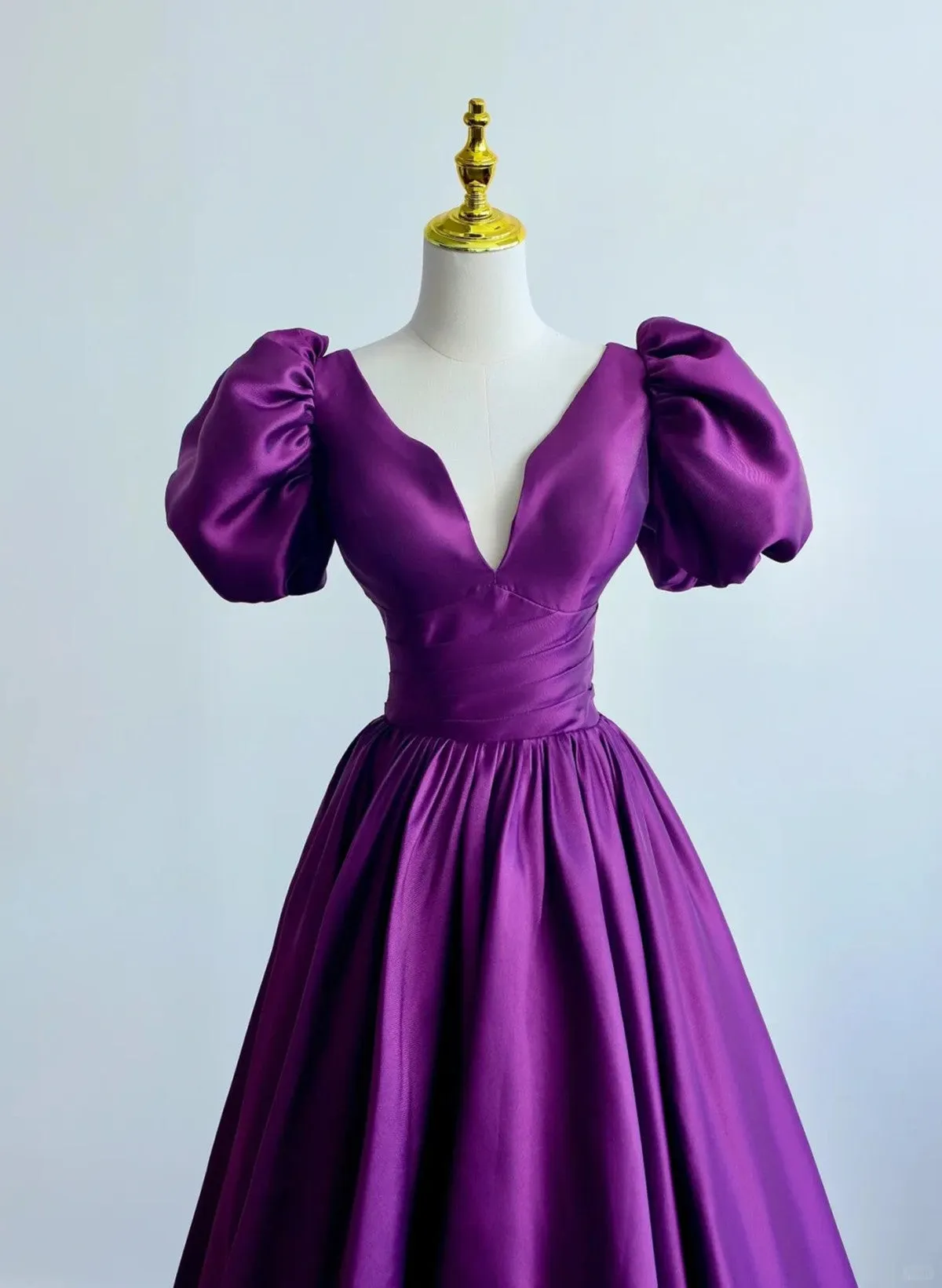 Solvbao Purple Satin Short Sleeves V-neckline Prom Dress, Purple Satin Evening Dress