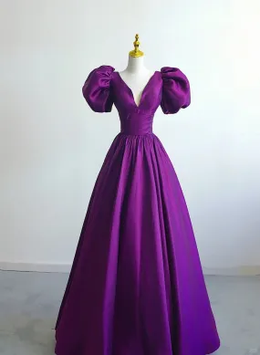 Solvbao Purple Satin Short Sleeves V-neckline Prom Dress, Purple Satin Evening Dress