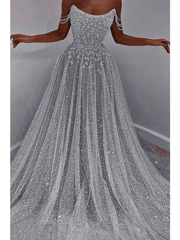 Sparkly Silver A-line Off Shoulder Cheap Maxi Long Prom Dresses,13065