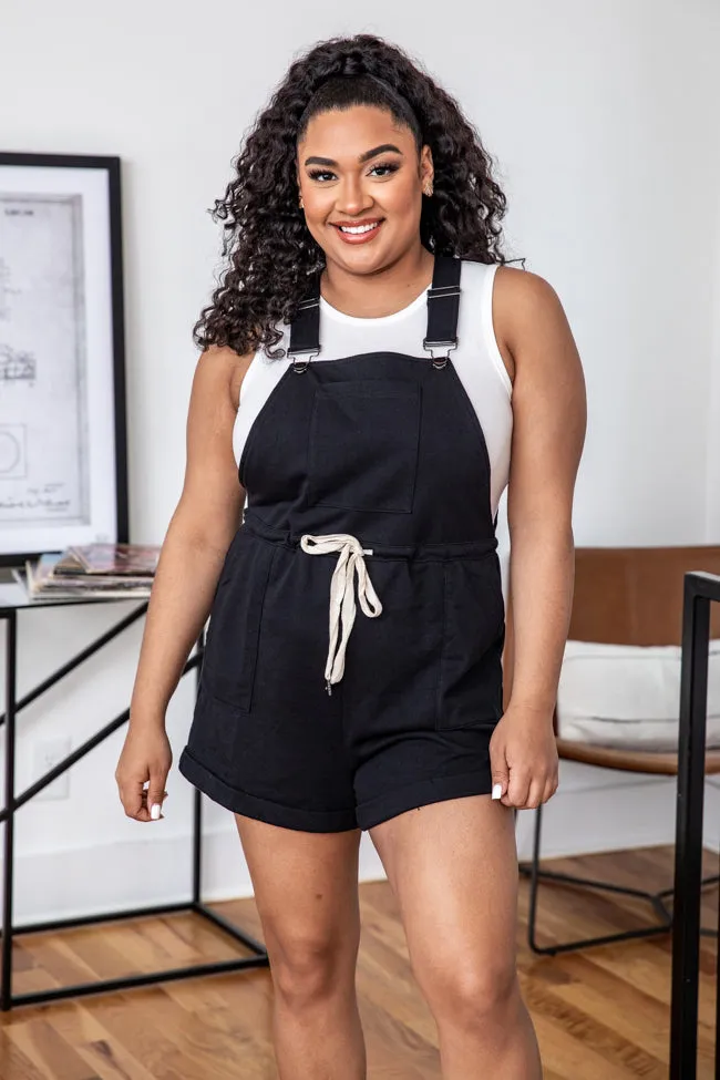 Stroll Through Town Black Drawstring Short Overalls FINAL SALE