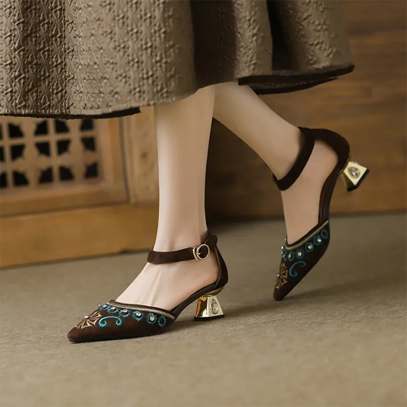 Suede Sheepskin Pumps Middle Heels Pointed Toe Retro Embroidered Style Mary Jane Shoes