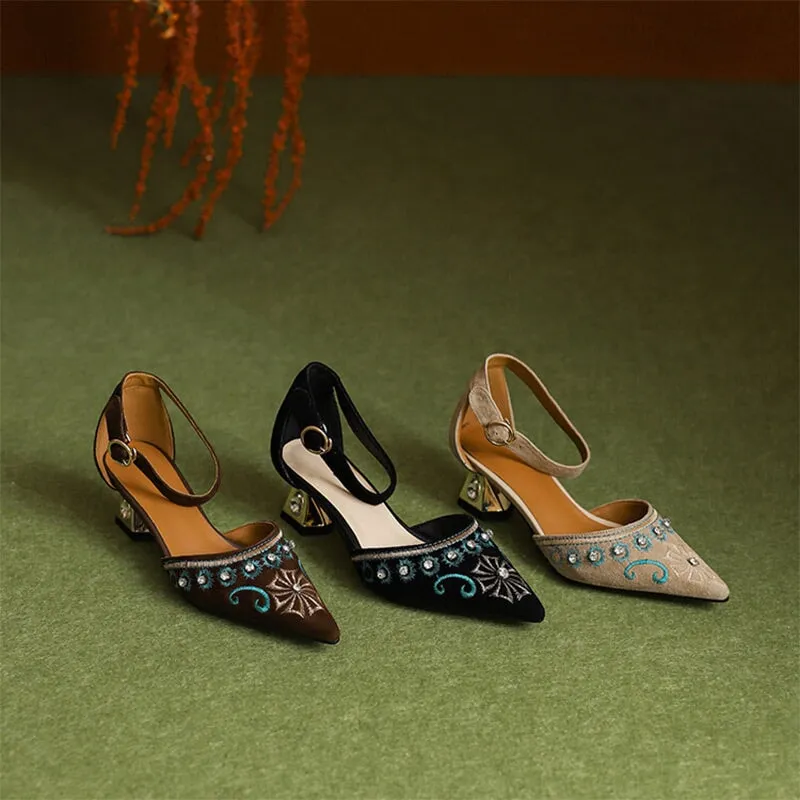 Suede Sheepskin Pumps Middle Heels Pointed Toe Retro Embroidered Style Mary Jane Shoes