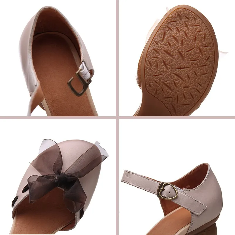 Sweet Flower Handmade Leather Mid Heel Women's Shoes Round Toe  Retro Buckle Sandals Brown/Off White