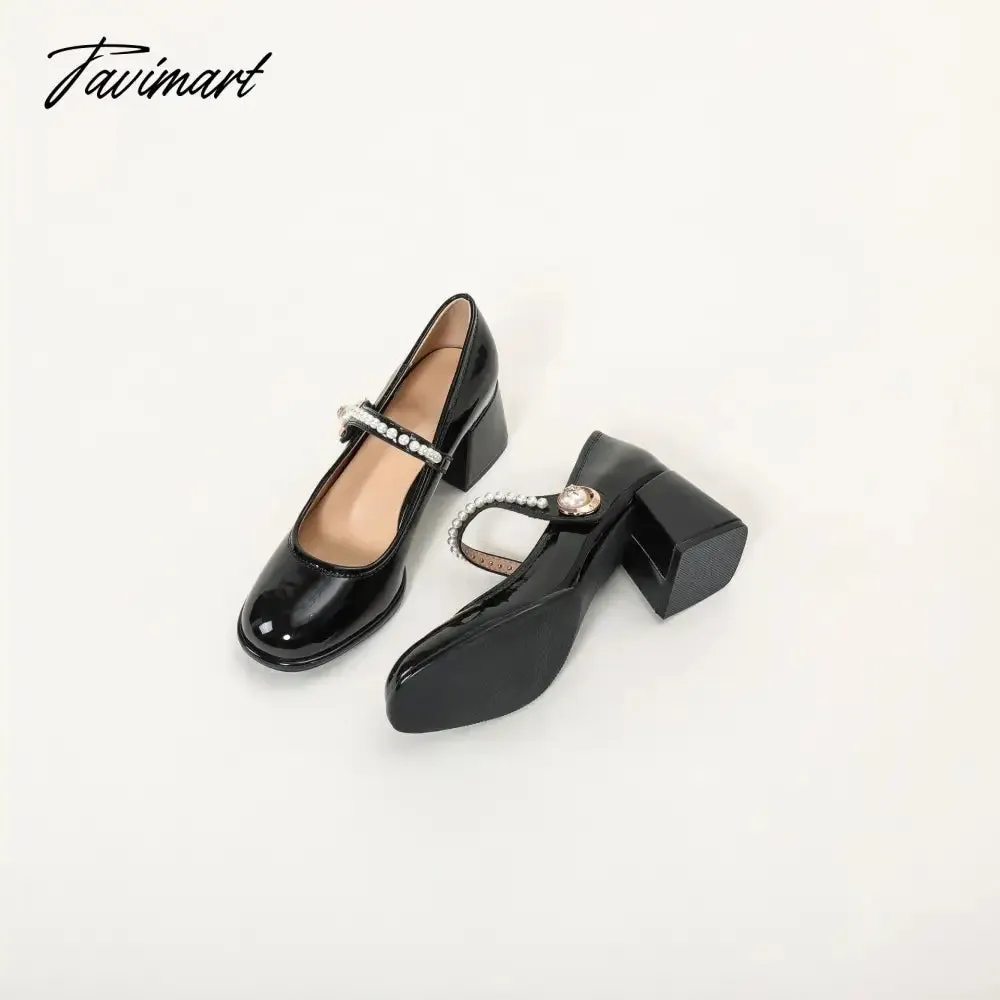 Tavimart Spring vintage Mary Jane shoes women's patent leather pearl middle heel high heel comfortable French evening shoes