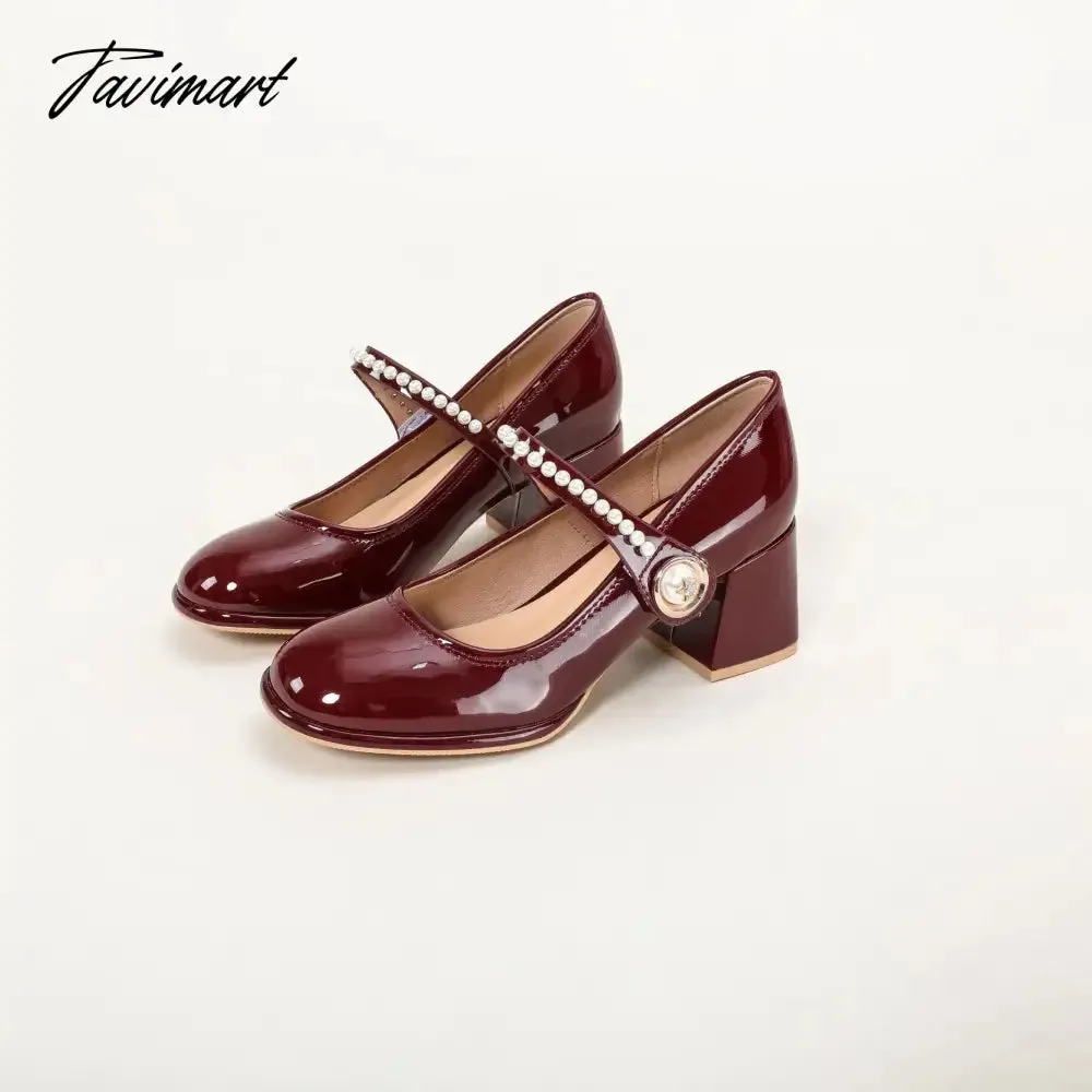 Tavimart Spring vintage Mary Jane shoes women's patent leather pearl middle heel high heel comfortable French evening shoes