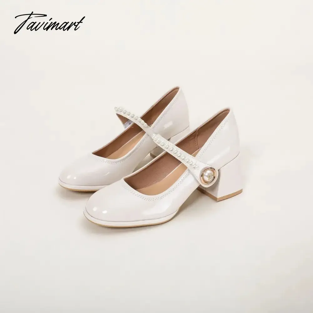 Tavimart Spring vintage Mary Jane shoes women's patent leather pearl middle heel high heel comfortable French evening shoes