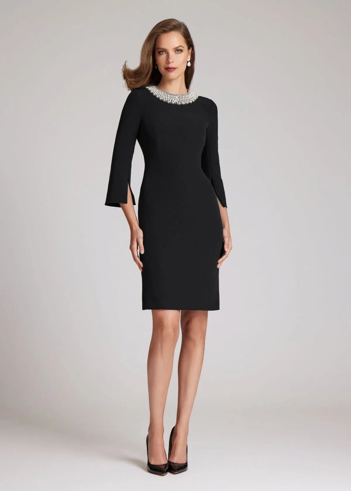 TERI JON Crepe Sheath Dress with Pearl Neckline - Black