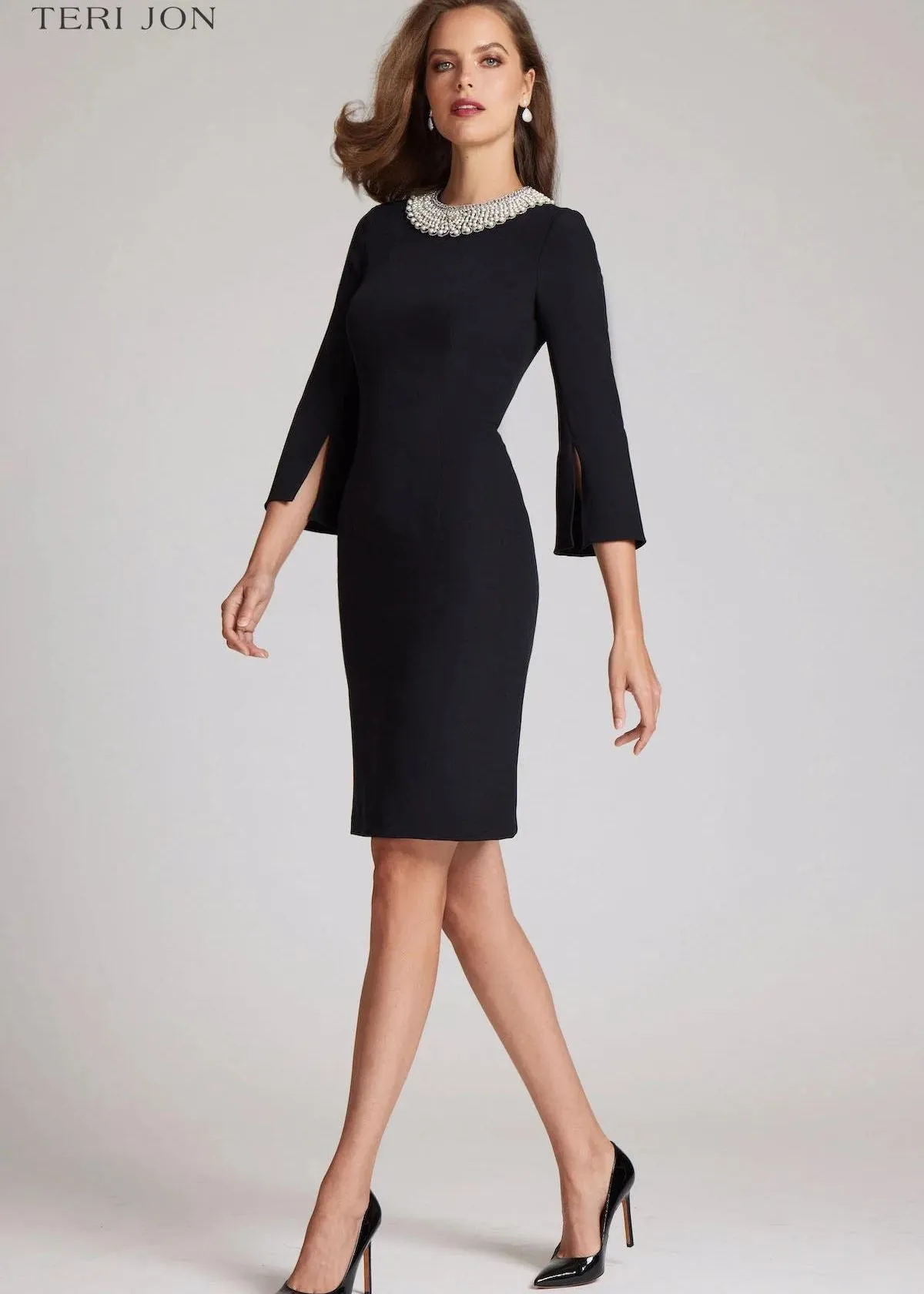 TERI JON Crepe Sheath Dress with Pearl Neckline - Black