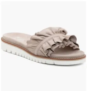 The Ruffle Comfort Slide Sandal in Sand