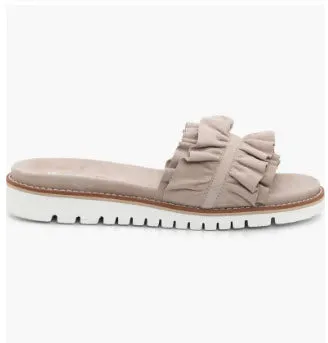 The Ruffle Comfort Slide Sandal in Sand