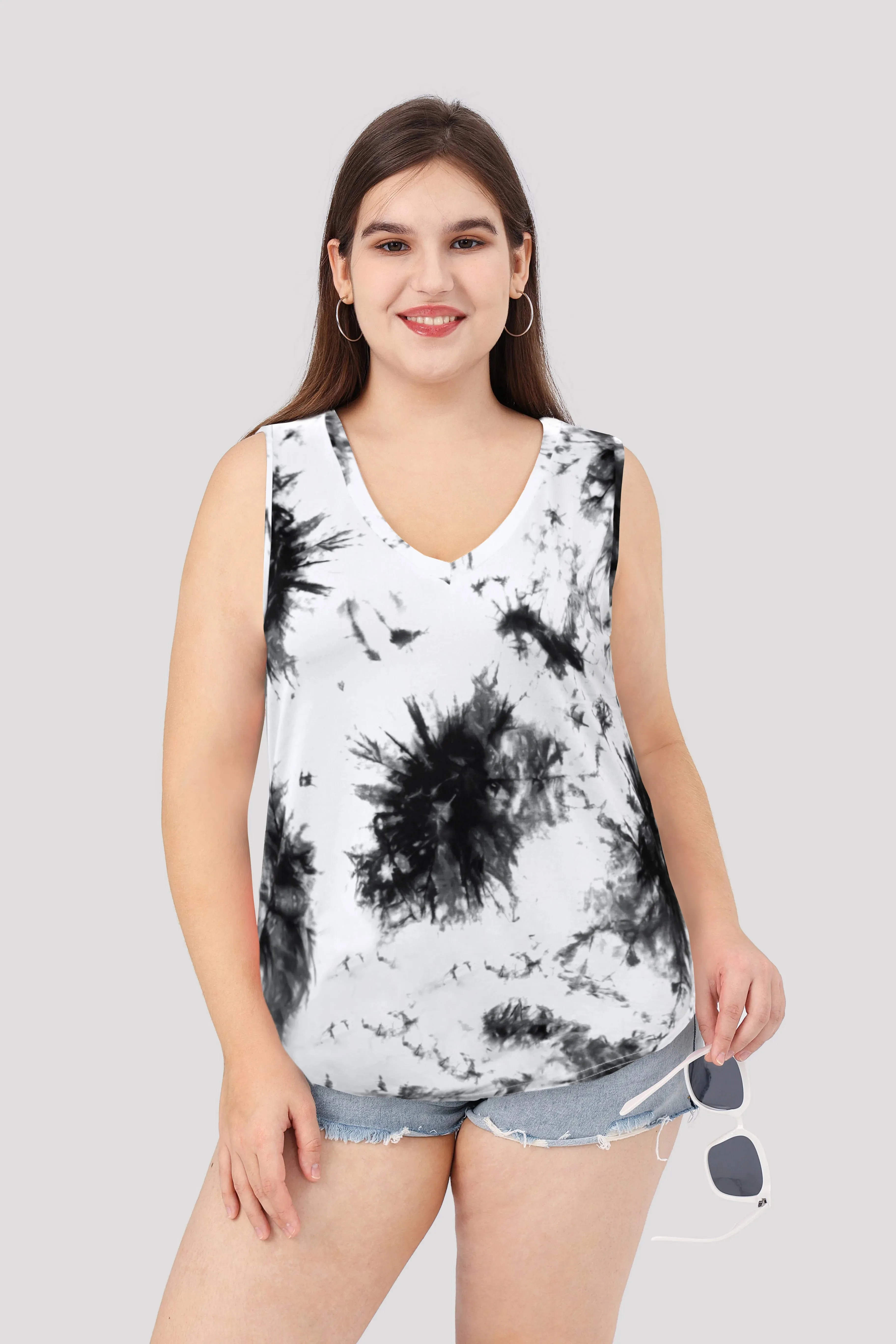 Tie Dye Black White V Neck Tank