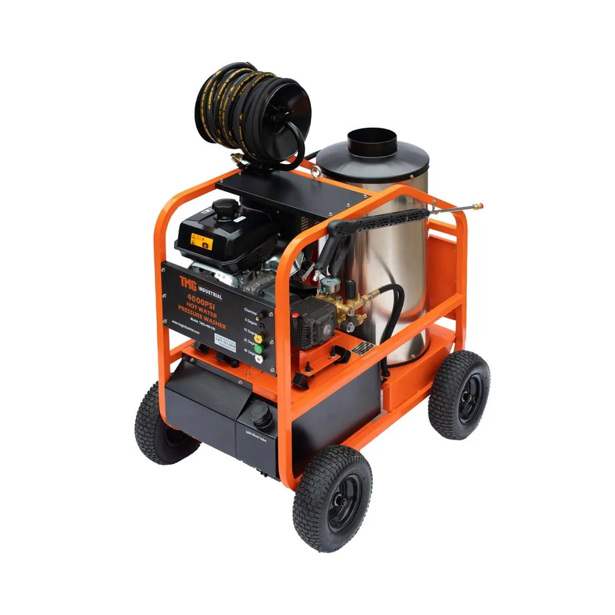 TMG Industrial 4000 PSI Hot Water Pressure Washer with 85’ Hose Reel, 14 HP Kohler Engine, Electric Start, Gas Fired, Triplex Plunger Pump, TMG-HW41R